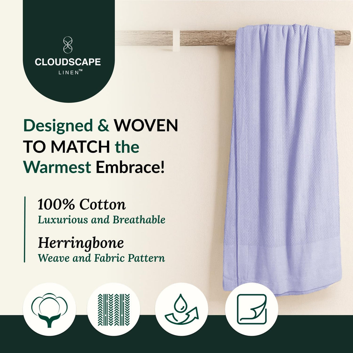 Cloud Scape Linen 100% Cotton Queen Size Blanket, Herringbone Pattern, Lightweight Summer Blanket,Best Gifts for Women, fits Full Size Bed, 92 x 92, Lavender Blue