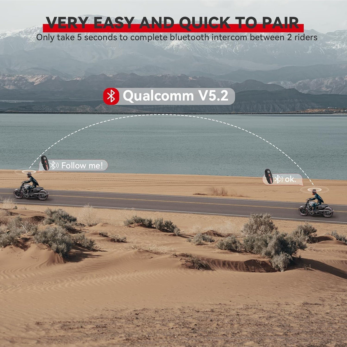 Motorcycle Bluetooth Headset V5.2 with Music Sharing, 2-Way Motorcycle Helmet Bluetooth with IP67 Waterproof, Helmet Communication Intercom Systems with Hi-Fi Speakers for ATV/Snowmobile, 2 Pack