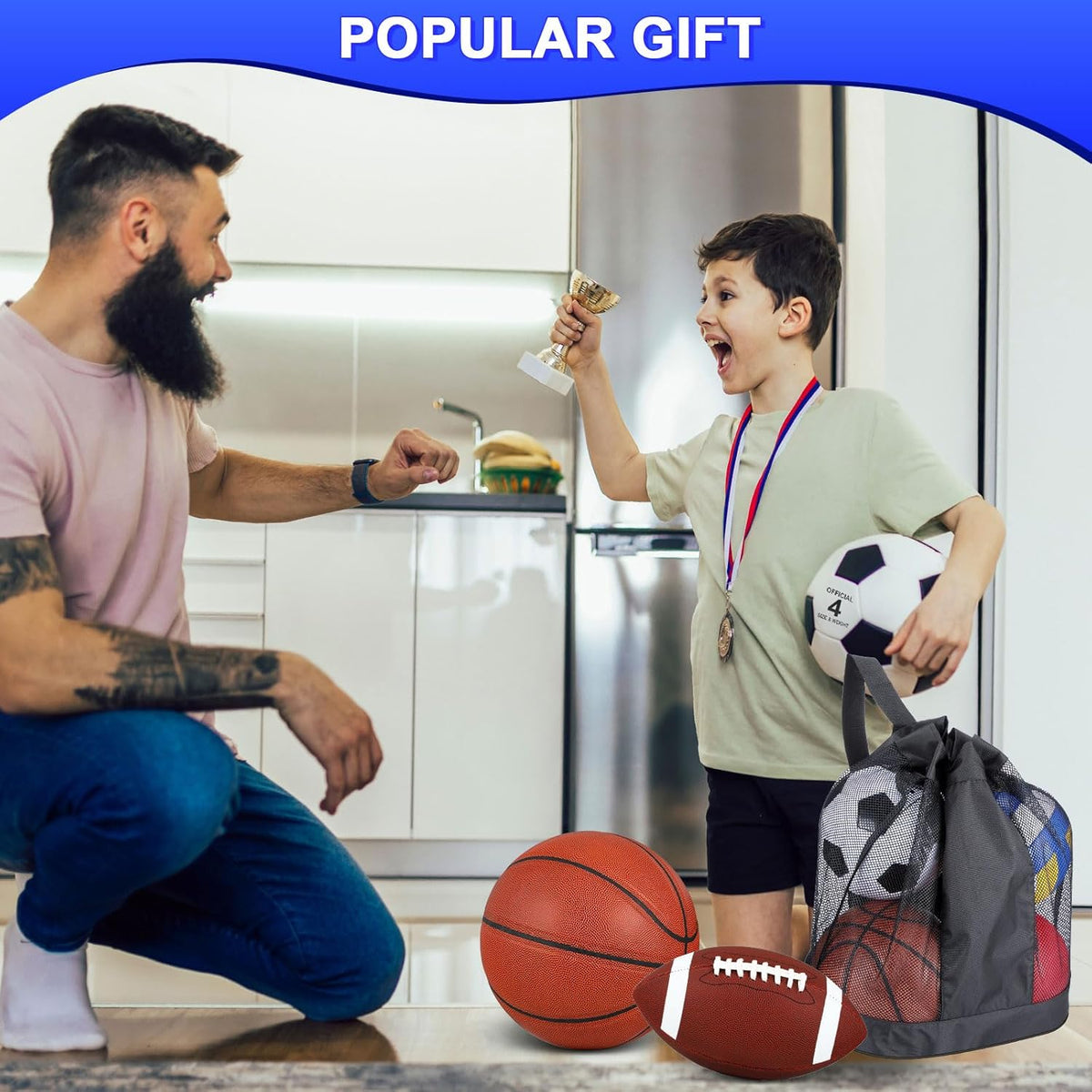 Liliful 8 Pcs Sport Balls Set with Pump Mesh Bag Gifts for Kid Teen Operation Christmas Basketball Soccer Football Playground Ball for Christian Charity Donation Student Team PE Class