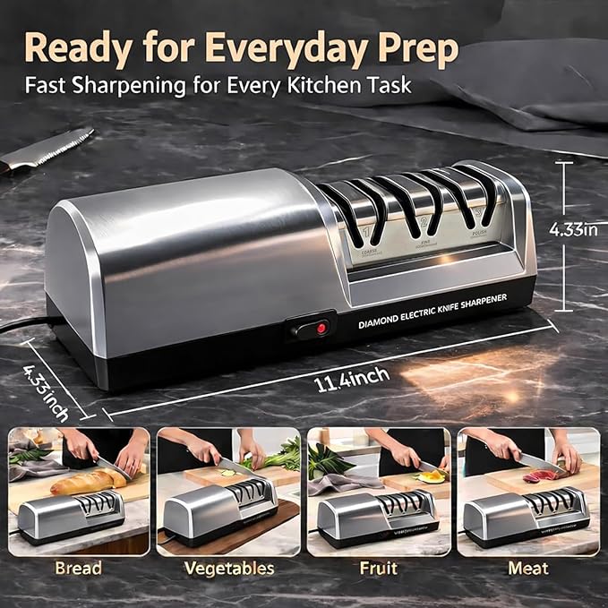 Electric Knife Sharpener for Kitchen, 3-Stage Professional Kitchen Knife Sharpener with 15° Precision Angle Guide, Fast & Portable Stainless Steel Grinding Tool for Sharpening, Repairing & Polishing