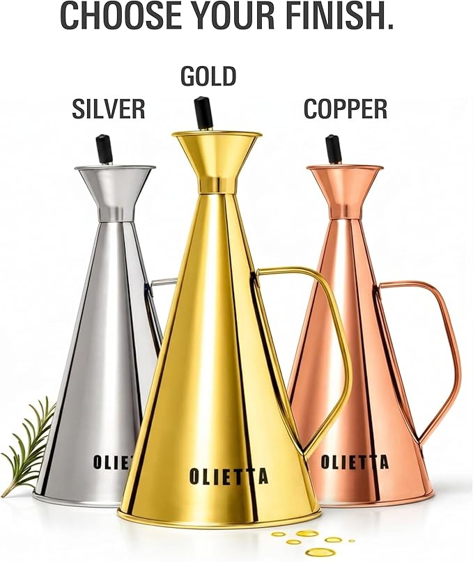 Olietta Olive Oil Dispenser Bottle Gold Stainless Steel Non Drip Leak Proof No Mess Vinegar Pourer & Kitchen Drizzler 25 oz 750ML 0.75 Litre Great for Pouring & Drizzling Easy to Clean & Leakproof