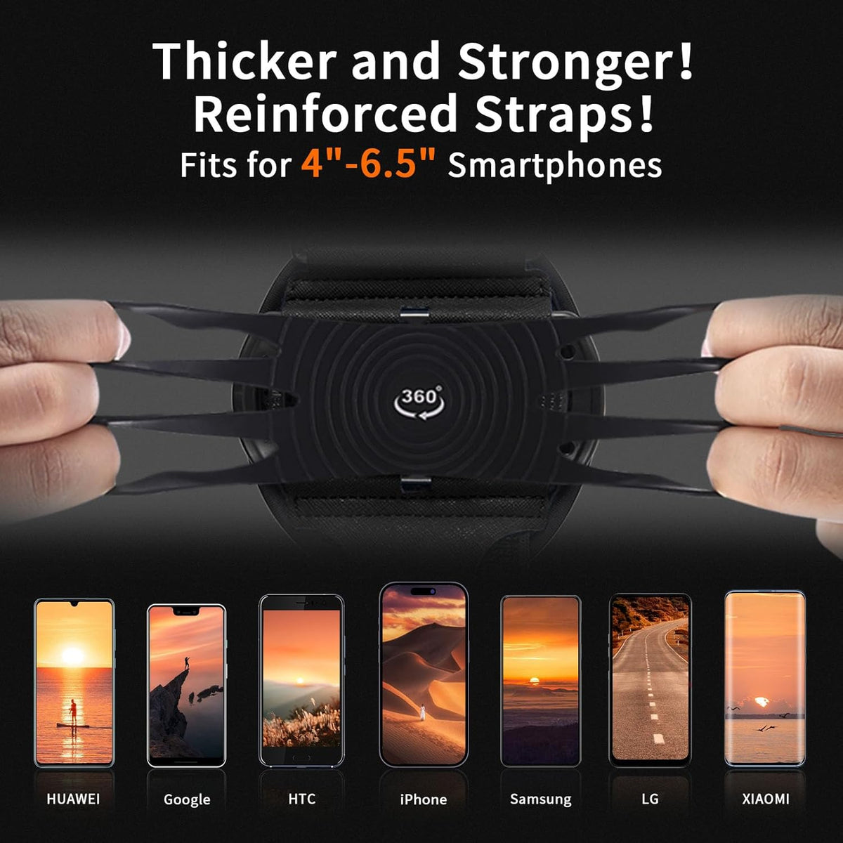 Armband Phone Holder 360° Rotation & Detachable, Compatible with iPhone 15/14/13/12/Pro/Pro ect., for Samsung, and More Fits 4''-6.5'' Phones Ideal for Walking Running
