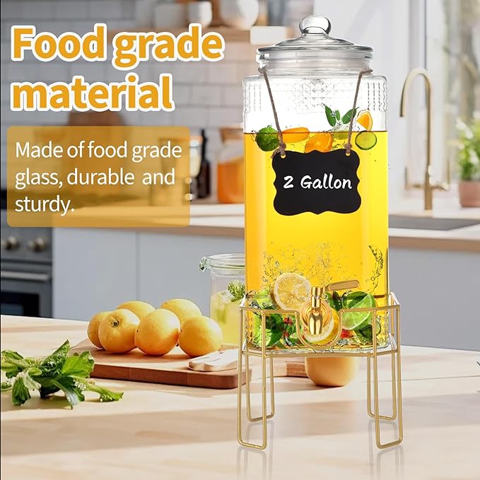 Drink Dispenser,2 Gallon Drink Dispensers for Parties,Beverage Dispenser with Stand,Glass Lid and Stainless Steel Spigot Leak-proof, Ideal for Lemonade,Juice, Tea, and Party Drinks