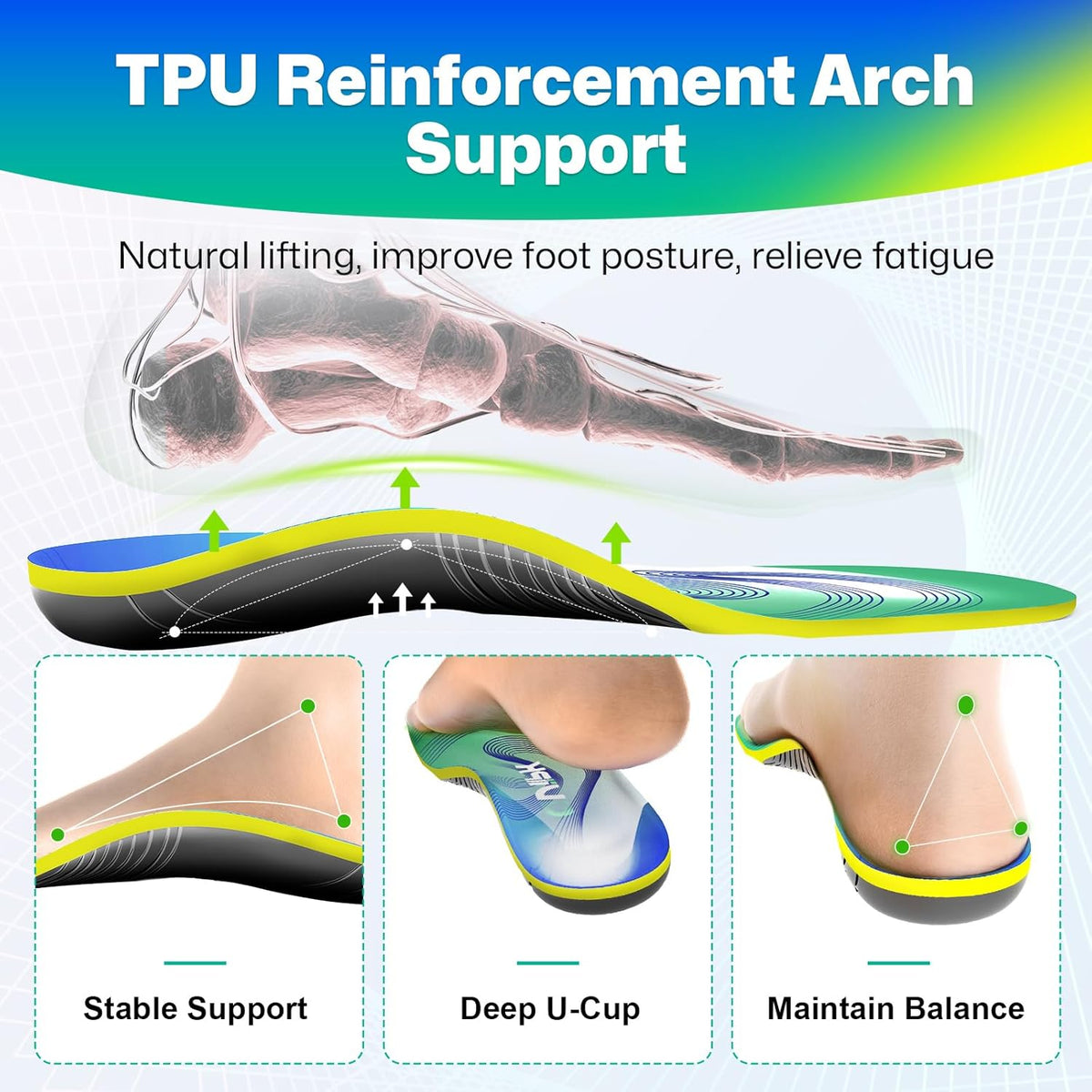 Upgraded Plantar Fasciitis Insoles, 240lbs Heavy Duty Work Boot Insoles for Men, Arch Support Orthotics Inserts, Athletic Gel Shoe Inserts for Pain Relief, Flat Feet, Standing All Day - L