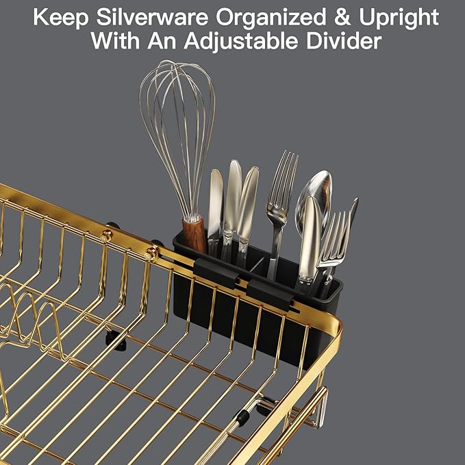 MAJALiS Dish Drying Rack Over The Sink, Expandable Stainless Steel Dish Drainer for Small Kitchen Counter Space Saving, RV Compact Plate Strainer in Gold Metal with Hanging Adjustable Utensil Holder