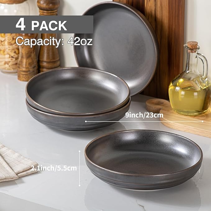 HAPPY KIT Stoneware Pasta Bowls, 9-inch, Set of 4, 42 oz, Reactive Glaze Large Salad Bowls, Scratch-Resistant Ceramic Serving Bowls, Four Colors