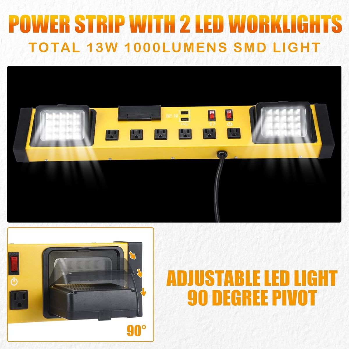 6 Outlets Power Strip with LED Worklight, Metal Heavy Duty Wall Mount Workbench Power Strip with 6FT 14/3 AWG Cord, 2 USB Ports, 15A Circuit Breaker for Home Office Garage Workshop