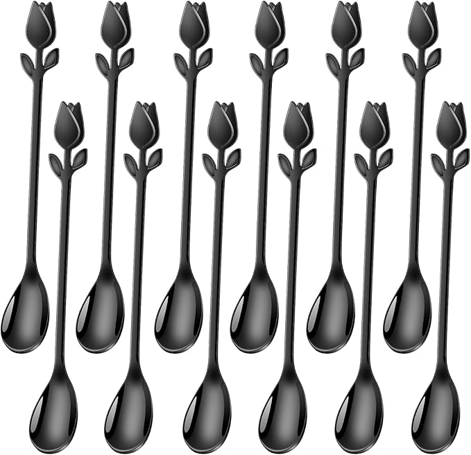 Black Tulip/Rose Handle 12-Pcs Mini Coffee Spoons Set - 6" Stainless Steel for Espresso, Tea, Dessert - Ideal for Demitasse & Small Servings