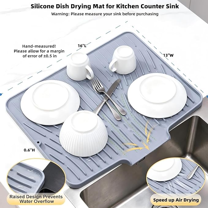 Silicone Dish Drying Mat for Kitchen Counter Sink,16"x13" Gray Rubber Dish Drying Mat with Drain Lip & Lanyard,Non-Slip dish drying Pad,silicone drying mat easy clean dish drain mat