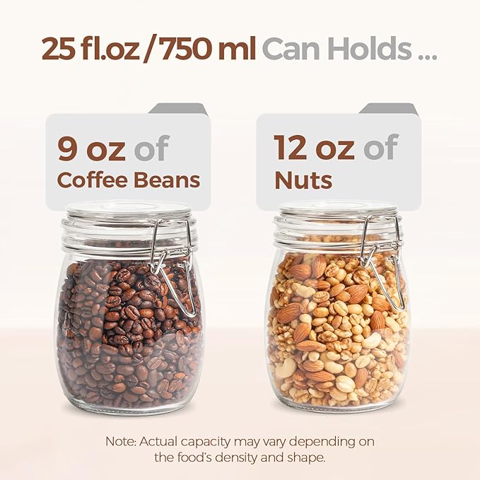 ComSaf 25oz Airtight Glass Canisters with Lids Set of 6, Round Food Storage Jar Container with Clamp Lids for Kitchen Canning Cereal Coffee Pasta Sugar Beans Spice, Clear Mason Jars with 12 Labels