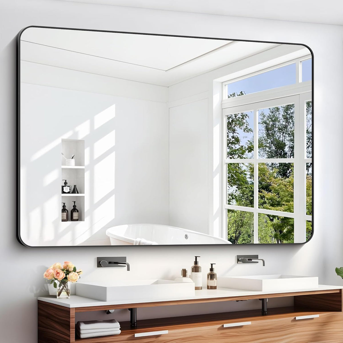 60" x 40"Bathroom Mirror, Matte Black Wall Mirror with Metal Frame, Decorative Rectangular Vanity Mirror for Bedroom Bathroom Living Room Entryway (Horizontal/Vertical)