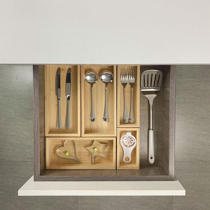 bamboo drawer organizer Set,expandable drawer dividers,wooden storage organizers,drawer organizers for kitchen, bathroom,flatware,Tea Bag Organizer (1 X 5PCS Natural)