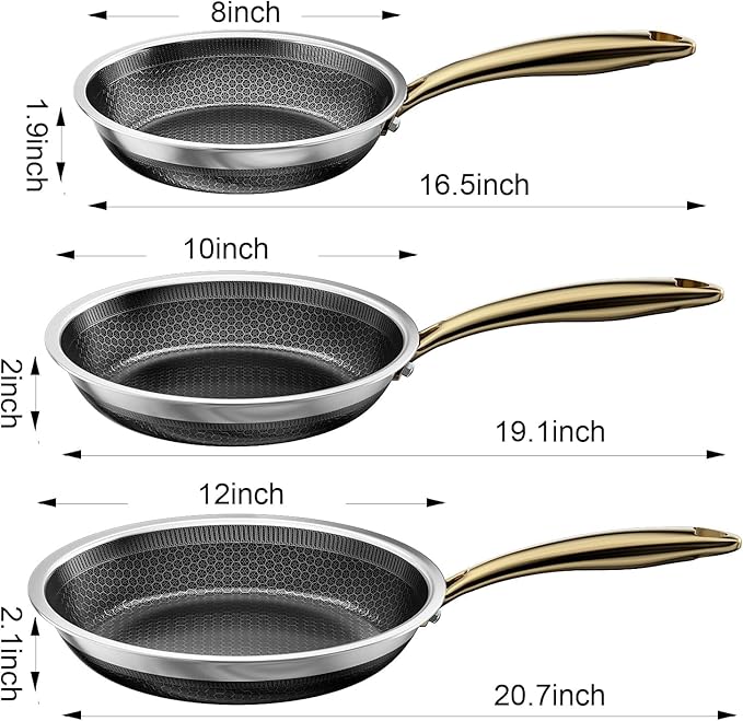 FogDream 8,10,12" Stainless Steel Frying Pan with Lid, Honeycomb Hybrid Nonstick Skillet for Induction & All Cooktops, PFAS/PFOA/PTFE Free, Oven Safe to 500°F, Stay-Cool Handle, Dishwasher Safe, Gold