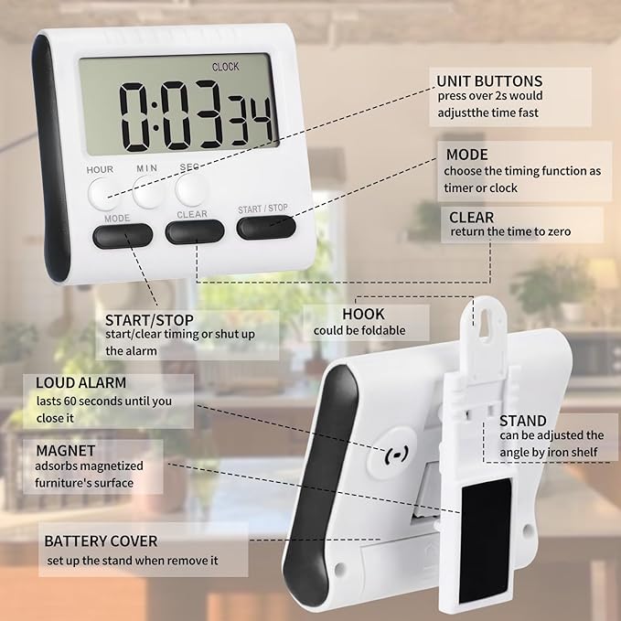 Mudder 12 Pack Digital Kitchen Timer for Cooking, Large Digits, 24 Hour Magnetic Backing Stand Kitchen Timers Clock for Classroom Kids Teachers, Loud Alarm and Large Screen (Black)