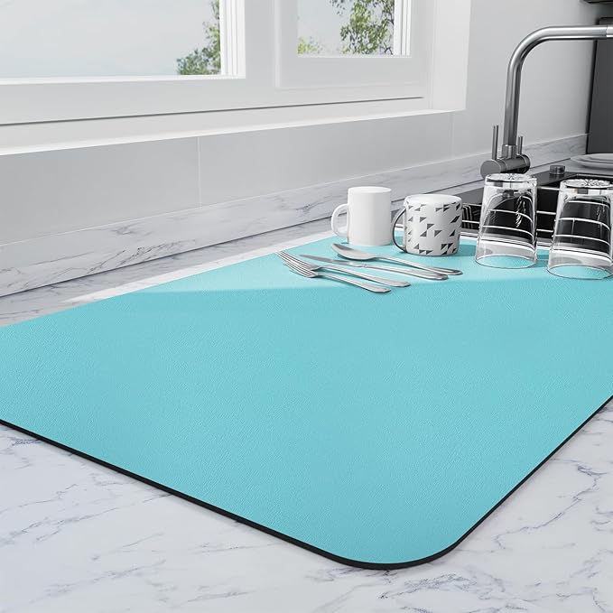 Ecotrim - Dish Drying Mat for Kitchen Counter | Coffee Bar Mat for Countertops | Heat Resistant Drainer Mat with Non-slip Rubber Backed | Hide Stain Kitchen Absorbent Draining Mat | Turquoise 18"x32"