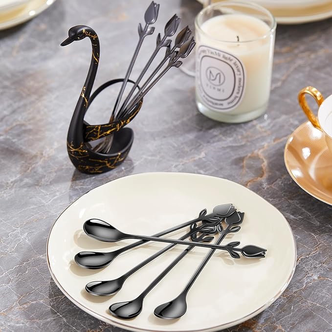 Black Small Coffee Spoon Holder Set,Swan Base With 12 Pcs Demitasse Espresso Spoons Set,6" Mini Tulip/Rose Dessert Spoon,Stainless Steel Tea Spoons