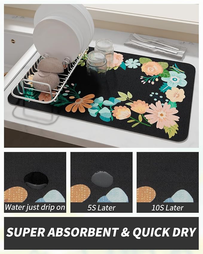 AMOAMI Coffee Mat Hide Stain Rubber Backed Absorbent Dish Drying Mat for Kitchen Counter - Bar Accessories Fit Under Coffee Maker, Espresso Machine, Dish Rack - Floral Black 16x24