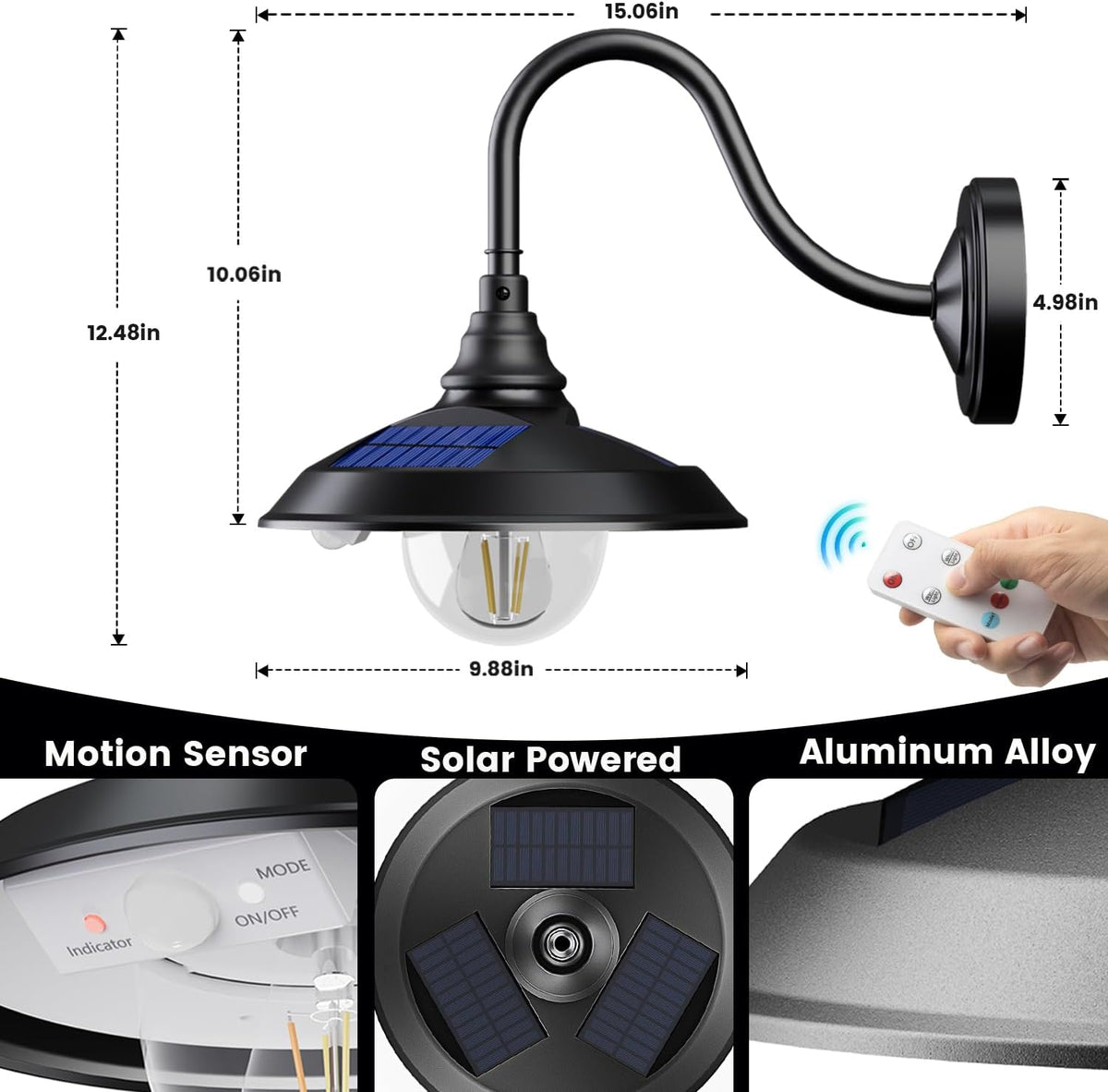 SIEDiNLAR Solar Barn Light Outdoor 3 Modes 2 Lighting, Aluminum Gooseneck Wall Light Vintage Farmhouse Waterproof with Remote & Motion Sensor for Barn Garage Shed Chicken Coop Porch Black (1 Pack)