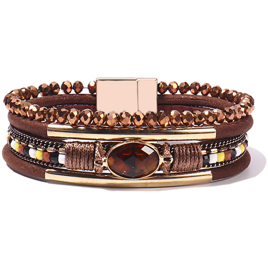 FANCY SHINY Leather Wrap Bracelets Crystal Beads Bracelet Boho Cuff Stone Charm Bracelets with Clasp Costume Jewelry for Women(Brown)