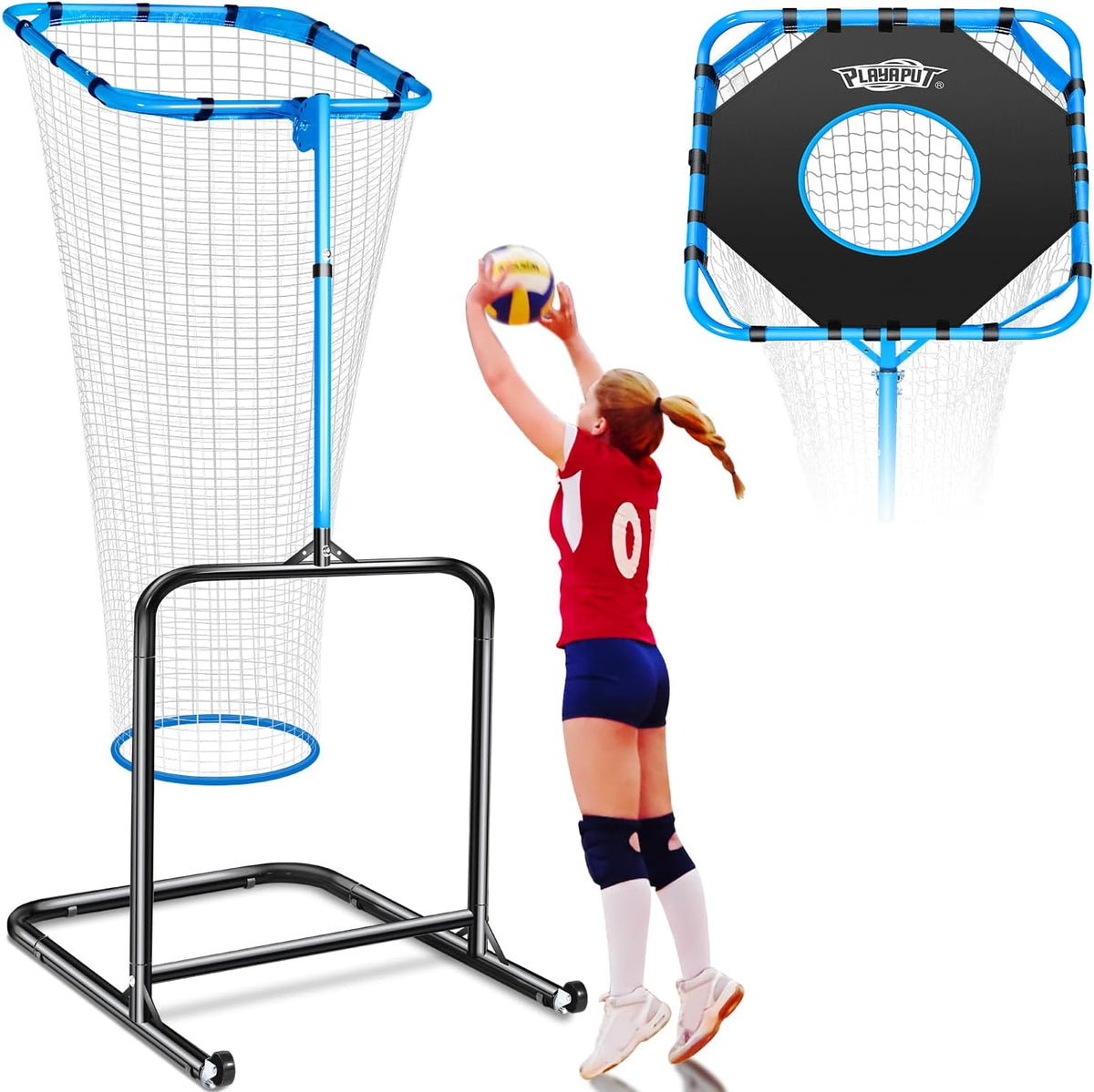 Volleyball Setter Training Net，Height & Angle Adjustable Volley Ball Training Equipment with Steel Frame，Stable Base for Indoor and Outdoor，Volleyball Spike Trainer for Setting,Serving,Spiking