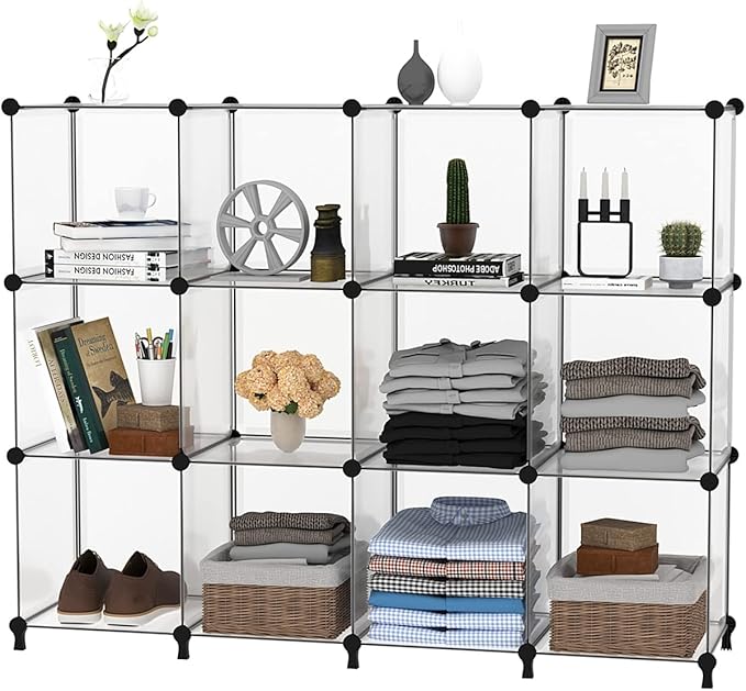 AWTATOS Cube Storage Organizer Storage 12 Cube Bookshelf DIY Plastic Closet Storage Shelves with Wooden Mallet, Ideal Storage Solution for Home, Bedroom, Translucent White