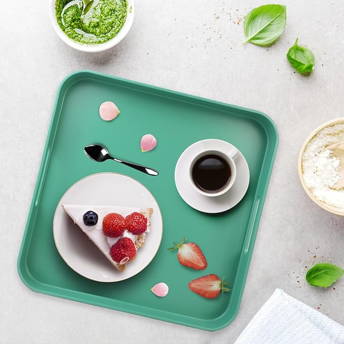 Square Green Decorative Serving Tray with Handles, Versatile Ottoman Tray for Coffee Table, Entertaining, Outdoor Patio, Living Room, 13”*13”*1.6”
