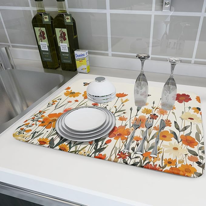 Fall Orange Wildflower Dish Drying Mat for Kitchen Counter,Autumn Floral Butterflies Drying Mat 18 x 24 Inch with Absorbent Reversible Microfiber Dish Drying Pad Dish Pad for Coffee Bar