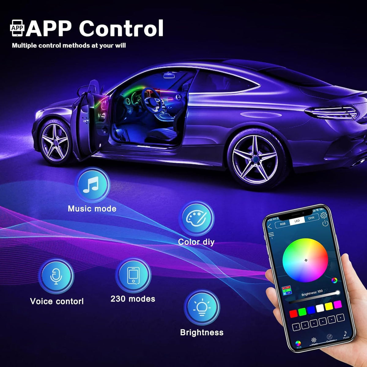 Dream+Color Acrylic Interior Car LED Strip Light with Wireless APP, RGB 14 in 1 with 175 inches 593 Neon Ambient Lighting Kits, Dynamic Chasing Music Sync LEDs Fiber Optic Strip Lights for Car