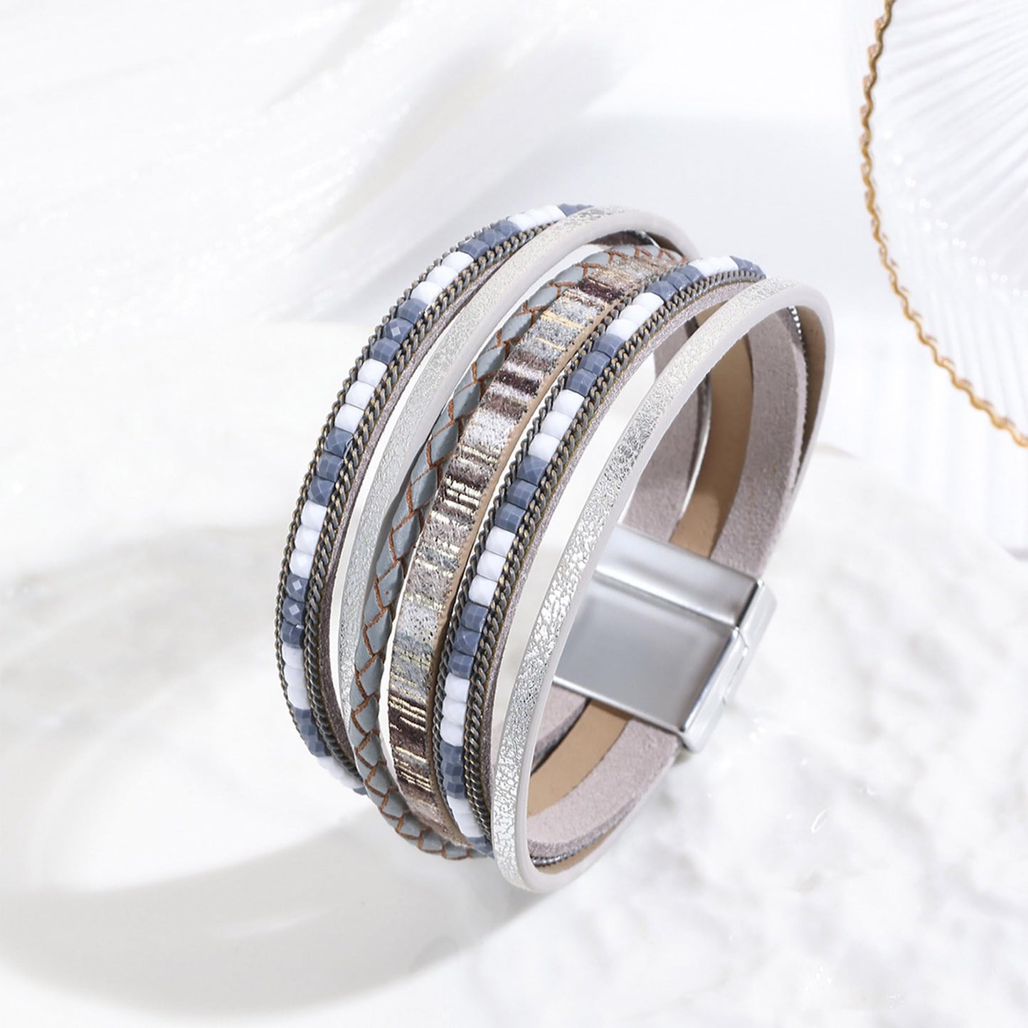 VIBILIA Boho Leather Wrap Bracelets for Women Trendy Layered Multi-Layer Bracelets with Strong Clasp Jewelry for Women-Gray