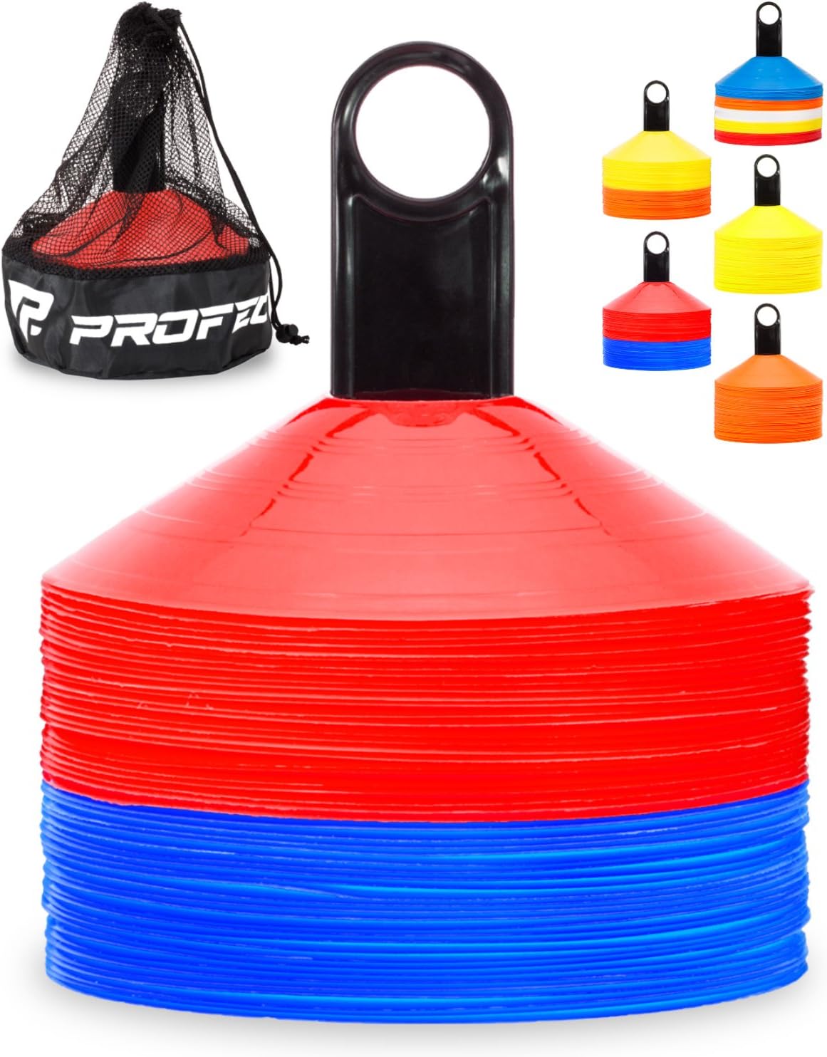 Pro Disc Cones (Set of 50) - Agility Soccer Cones with Carry Bag and Holder for Sports Training, Football, Basketball, Coaching, Practice Equipment, Kids - Includes 15 Best Cone Drills Book