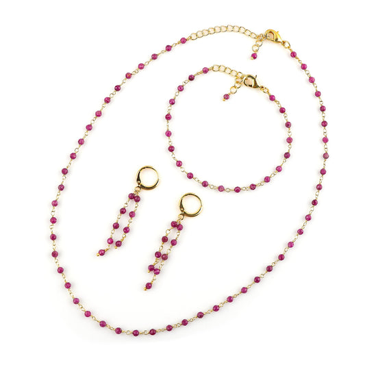 CRYSTALINES (3pcs) Natural Ruby Gemstone Cluster Jewelry Combo Set, 14K Gold Plated, Crystals Beads Rosary Chain, Handmade Bohemian Jewelry - Bracelets, Necklace, Earrings for Women