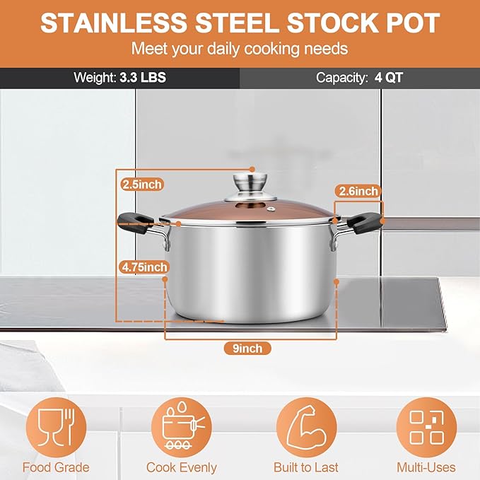 TeamFar Stock Pot 4qt, Stainless Steel Stock Soup Pasta Pot with Lid, Double Heatproof Handles, Non Toxic & Healthy, Easy Clean & Dishwasher Safe