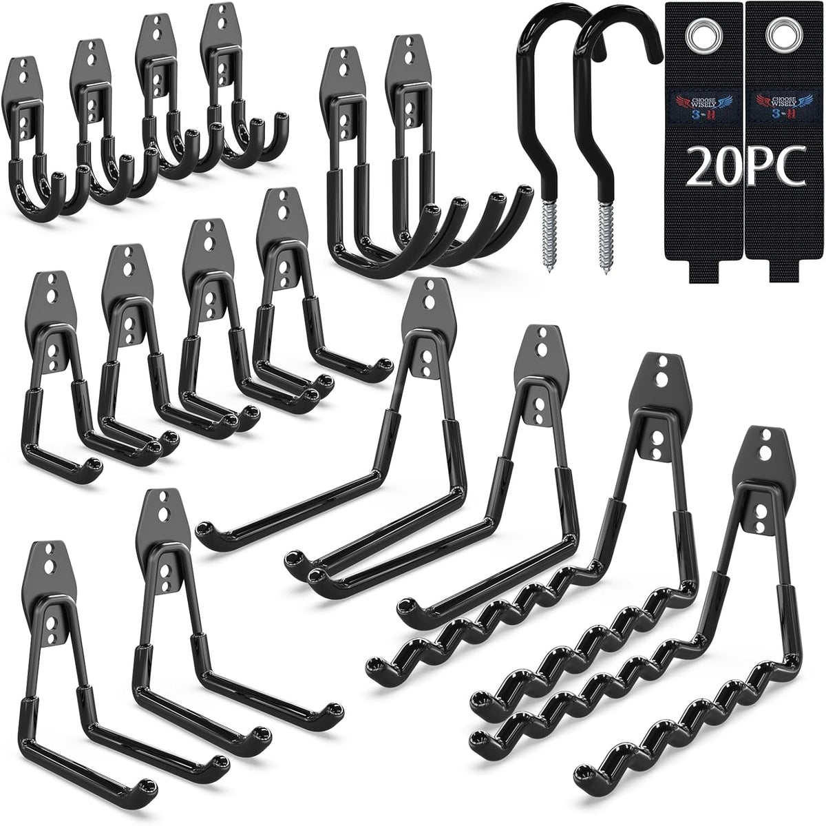 3-H Garage Wall Hooks 20 Pack, Garage Hooks Heavy Duty with Extra Welding Spots, Garage Organizer for Garden, Lawn, Chairs, Ladders, Weed Eater, Shovel(Black)