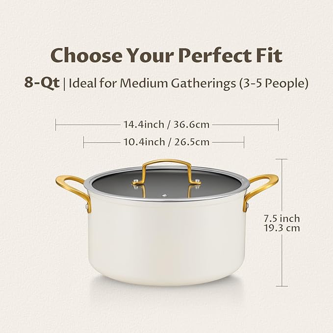 BEZIA 8 Quart Ceramic Stock Pot, Non Toxic Soup Pots with Lid, Non Stick Pot with Stainless Steel Handle, Compatible With Most Cooktops, Even Heat Distribution, Perfect for Soups & Stews, Cream