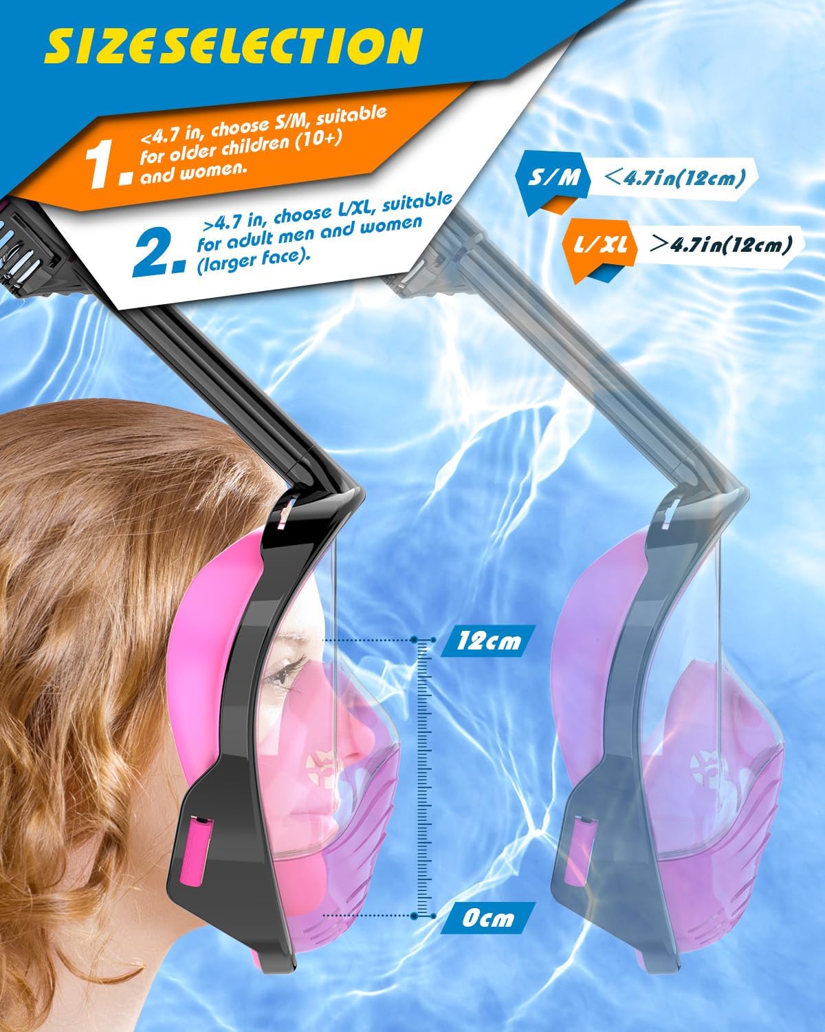QingSong Full Face Snorkel Mask for Adults, Snorkeling Gear with Camera Mount, 180 Degree Panoramic View Snorkel Set Anti-Fog Anti-Leak