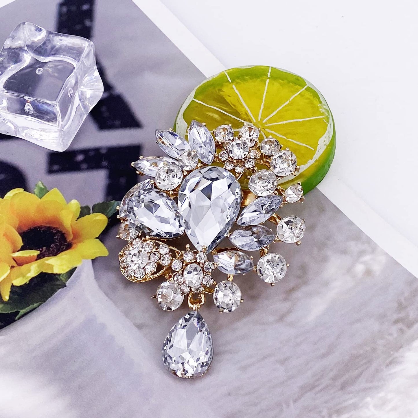 LAXPICOL Wedding Bridal Big Clear Crystal Rhinestone Bouquet Teardrop Brooch Pin for Women Gold Tone