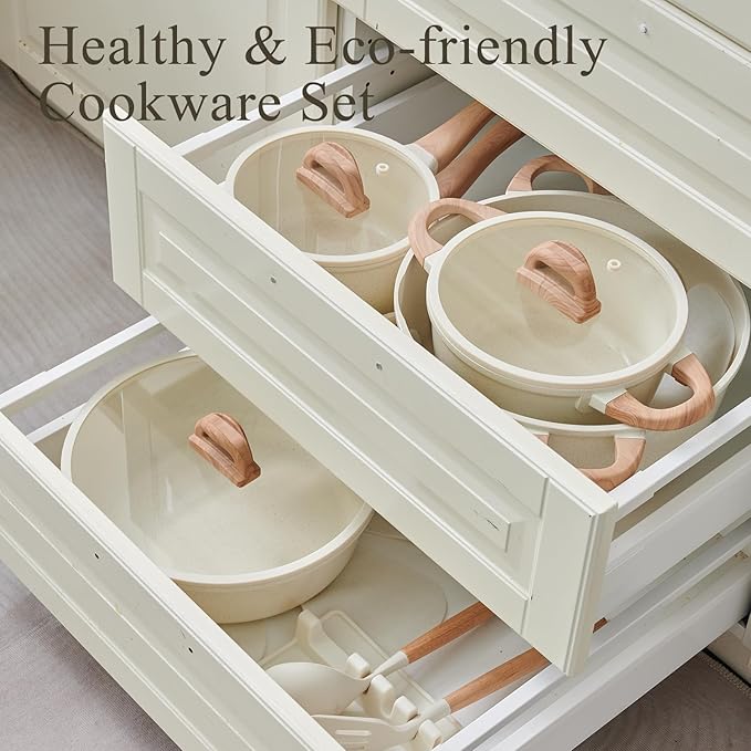 22 Pcs Pots and Pans Set Non Stick Non-Toxic Ceramic Kitchen Cookware Sets Nonstick Pot&Pan With Lid Cream White Granite Induction Compatible with Glass Lids Crepe