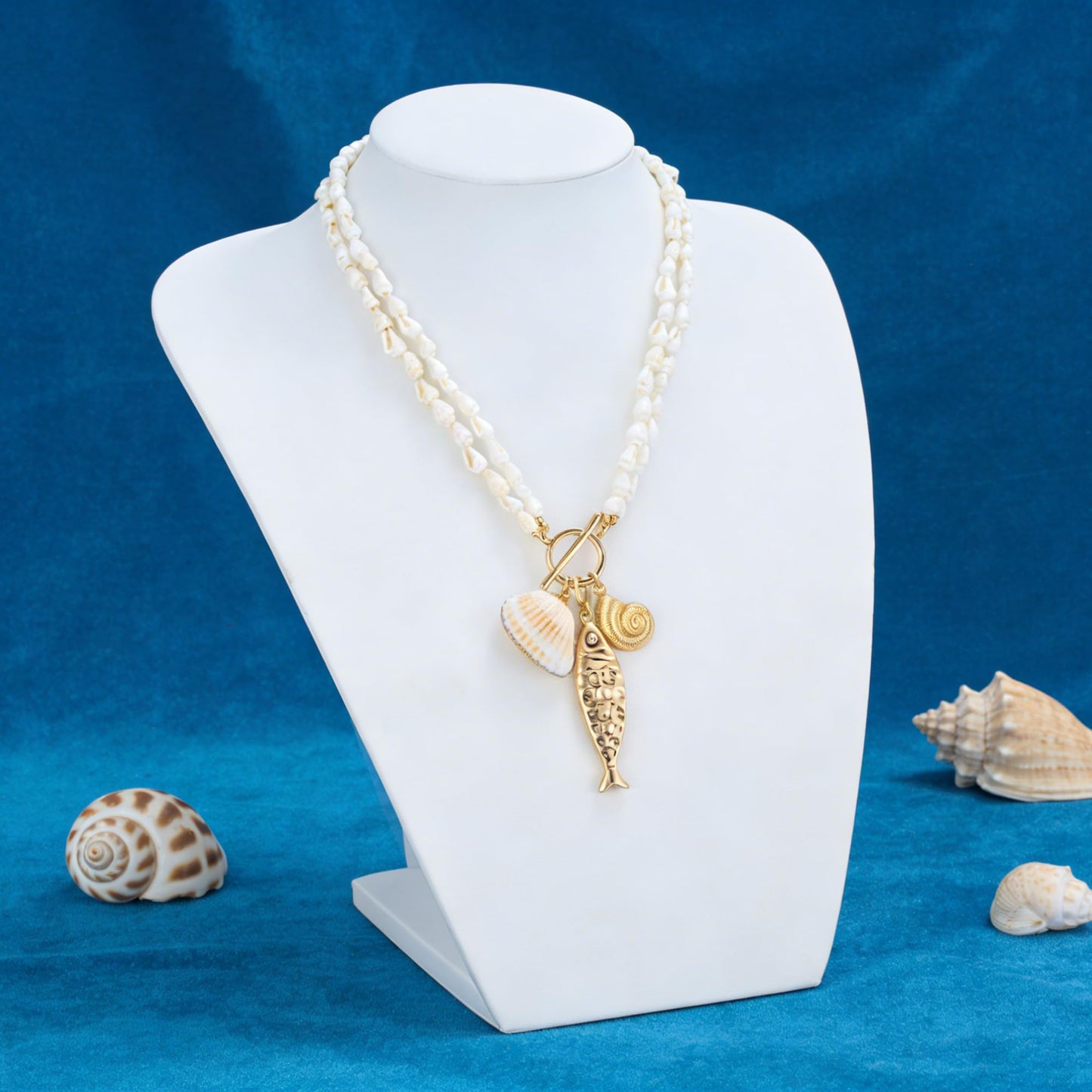 ENSKEFEN Gold Fish Necklaces for Women Double-layer White Shell Beads Necklace Mermaid Seashell Conch Pendant Necklaces Summer Beach Statement Necklace