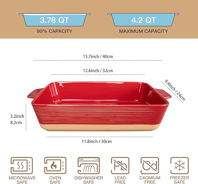 Dafuceramic Casserole Dish for Oven, 4.2 QT Baking Dish, 9x13 Large Porcelain Baking Pan, Durable Rectangular Lasagna Pan Deep with Handles, Microwave Oven Safe, Home Decor, Wedding Gift,(Khaki & Red)