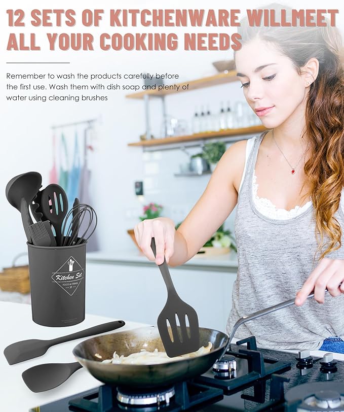 Kitchen Utensils Set-12 Pieces Silicone Cooking Utensils Set (Dishwasher Safe) 392°F Heat Resistant Spatula Set, Nonstick Cookware