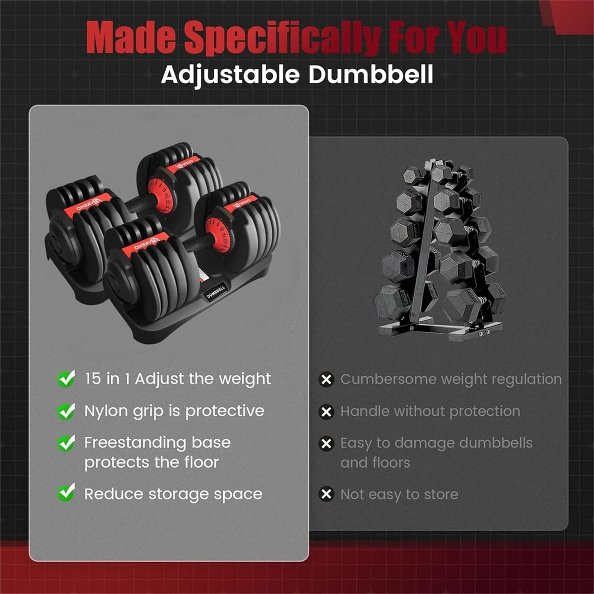 15 Weight in 1 Adjustable Dumbbell 53LB with Fast Automatic Adjustable and Weight Plate for Body Workout Home Gym （24kg/53lb）2pcs
