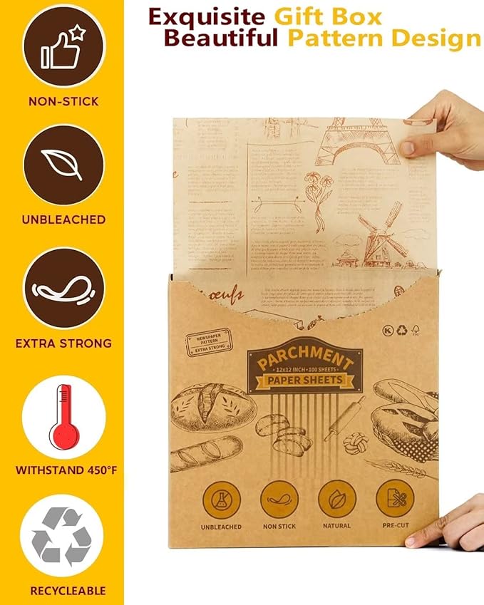 Katbite 100 Pcs Sandwich Wrapping Paper, 12x12 inch Food Basket Liners, Grease Proof & Non-stick Baking Parchment Paper
