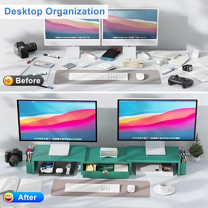gianotter Dual Monitor Stand Riser, Desk Organizer With Drawer and 2 Pen Holders, Monitor Stand for Desk, Office Decor Essentials (Green)