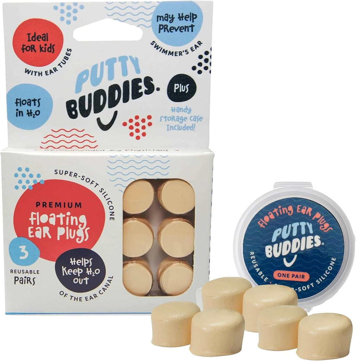 Earvolution Floating Putty Buddies Ear Plugs for Swimming - Invented by an Ear Physician - Moldable, Premium, Silicone - Floats on Water - Waterproof - Made in The USA- 3 Pack - Tan