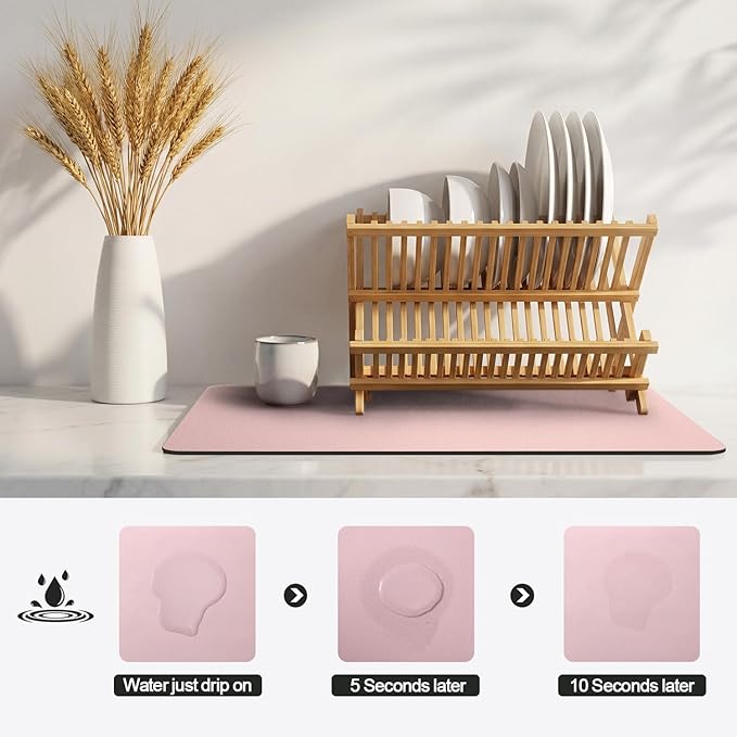 Ecotrim - Dish Drying Mat for Kitchen Counter | Coffee Bar Mat for Countertops | Heat Resistant Drainer Mat with Non-slip Rubber Backed | Hide Stain Kitchen Absorbent Draining Mat | Pink 16"x24"