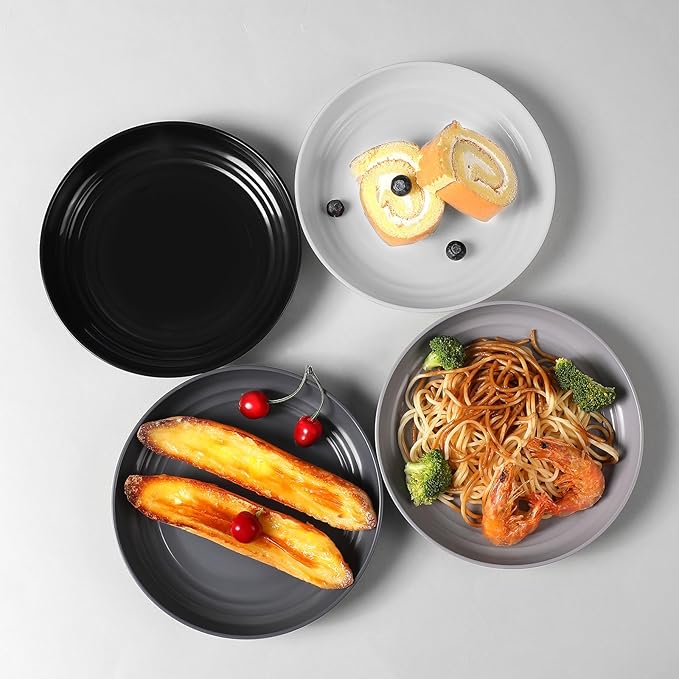 12 Pcs Unbreakable Deep Dessert Plates Set, 8 inch Reusable Plastic Wheat Straw Plates, Microwave and Dishwasher Safe Plate for Kitchen, Lightweight Plate for Dessert, BPA Free, Gray