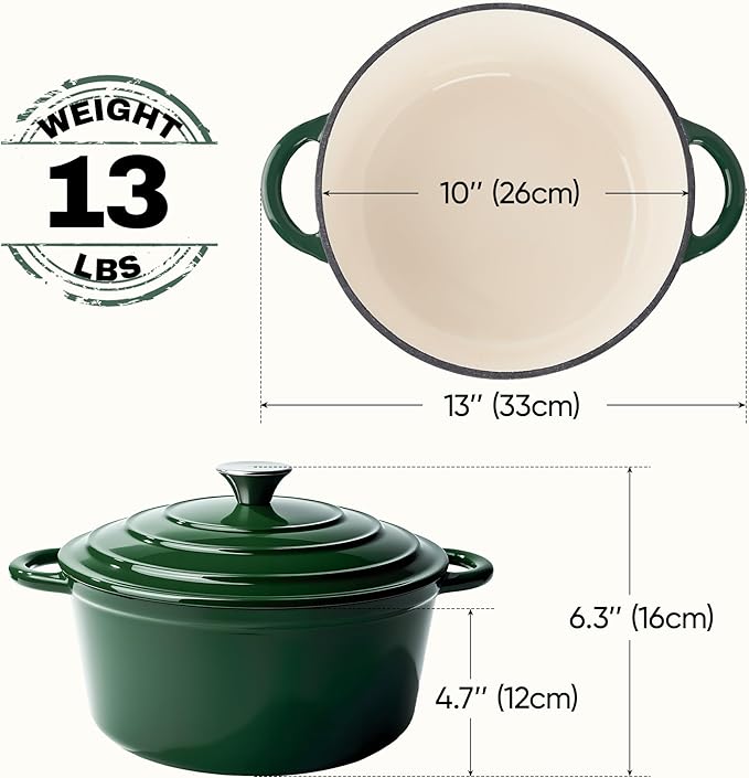 6 Quart Dutch Oven Pot with Lid, Non Stick Enameled Cast Iron Dutch Oven for Bread Baking, Heavy-Duty, Oven Safe Ceramic Cookware Up to 500°F for Baking, Braising, Stews, Roasting, Green