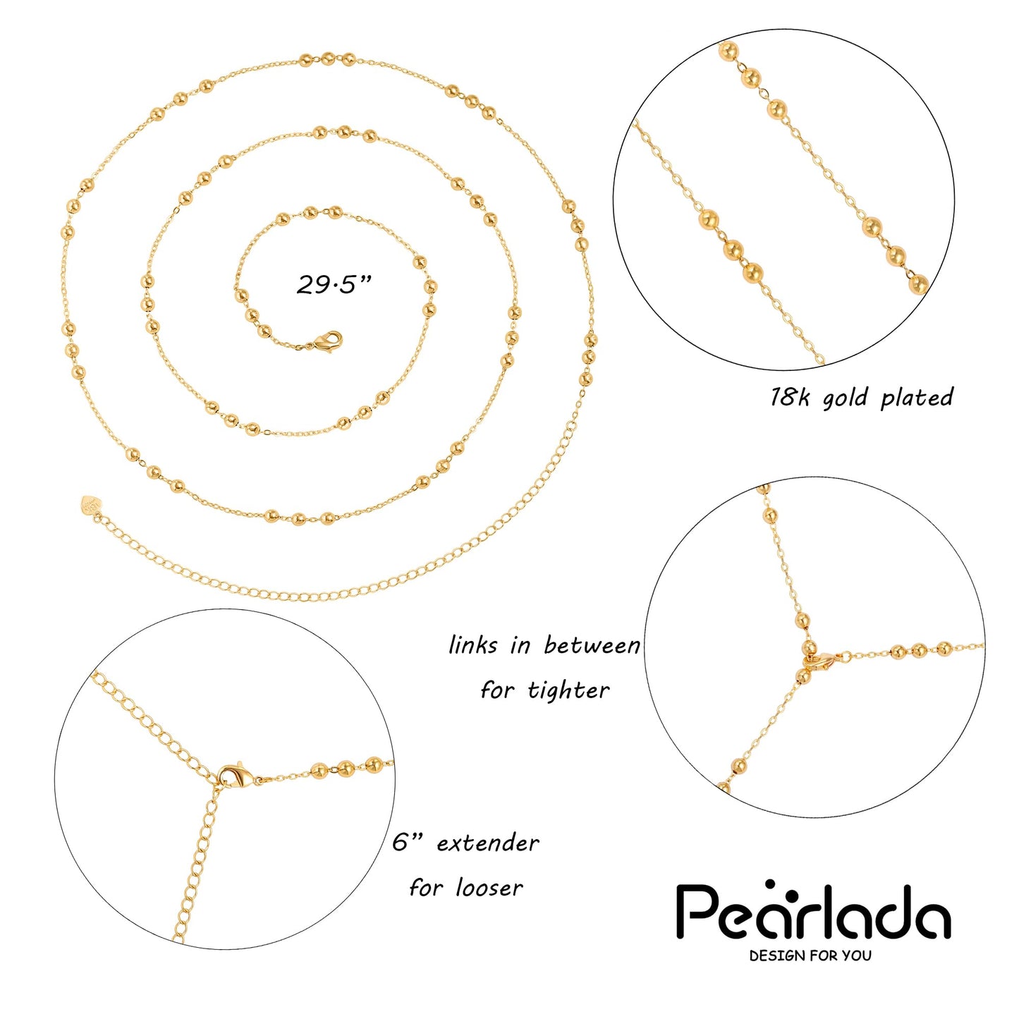 PEARLADA 18k Gold Plated Waist Chain Belt for Women, Adjustable Waist Beads Beach Bikini Belly Chain