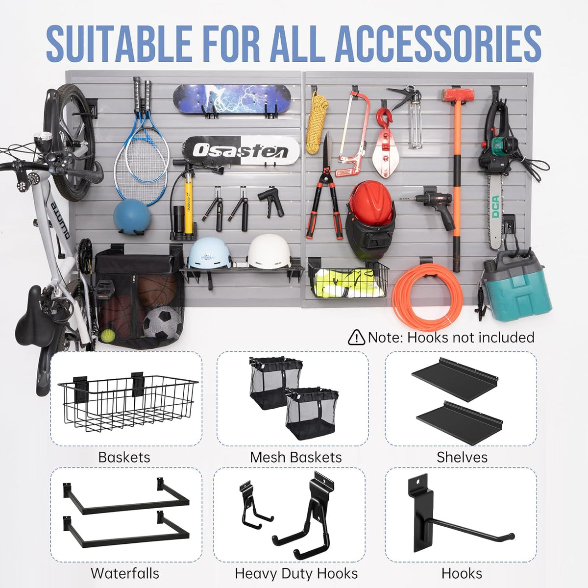Slatwall Panels 4'x 4' Garage Slat Wall Storage Systems, Slat Wall Paneling Garage Wall Organizer, Grey Slat Board PVC Wall Panels Slatwall Displays Garage Tool Organizer Wall Mount Ladder Bike Rack