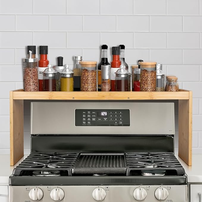 Over the Stove Spice Rack, 33" Wide Bamboo Shelf Rack Organizer for Stove Top